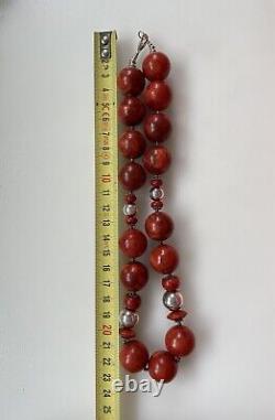 Vintage Sterling Silver XXL Red Sponge Coral Beads Necklace Choker 17.3 44 Cm