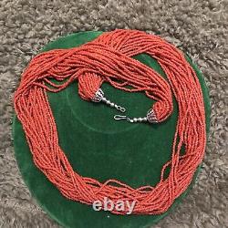 Vintage Stirling Silver Coral Multi-Strand- Bead Necklace Statement Necklace