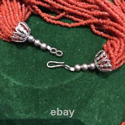 Vintage Stirling Silver Coral Multi-Strand- Bead Necklace Statement Necklace