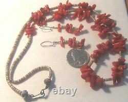 Vintage Striking Red Coral Heishi Shell and Bench Beads Necklace & Earrings Set