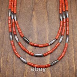 Vintage Three Strand Coral and Silver Melon Bead Necklace 28.5