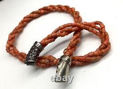 Vintage Three Strand Natural Coral Bead Solid Silver Clasp Necklace Chinese