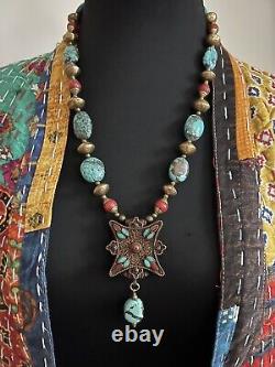 Vintage Tibetan Ghau Gau Filigree prayer box With Turquoise Nepal Coral Necklace