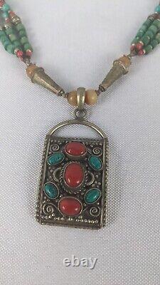 Vintage Tibetan Silver Coral & Turquoise Beaded Necklace Unmarked