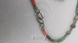 Vintage Tibetan Silver Coral & Turquoise Beaded Necklace Unmarked
