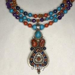 Vintage Tibetan Sterling Silver Turquoise Coral Lapis Hand Made Bead Necklace