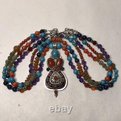 Vintage Tibetan Sterling Silver Turquoise Coral Lapis Hand Made Bead Necklace
