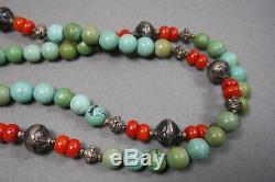 Vintage Tibetan Turquoise Coral Sterling Silver Bead Necklace