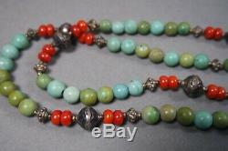 Vintage Tibetan Turquoise Coral Sterling Silver Bead Necklace