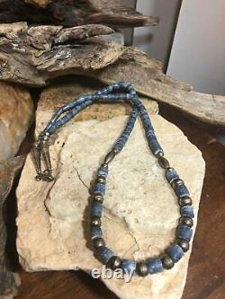 Vintage Tribal 925 Sterling Silver Denim Gray-Blue Tube Beaded Necklace