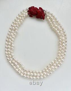 Vintage Triple Strand Akoya Baroque Saltwater Pearl Necklace Coral Fish Clasp