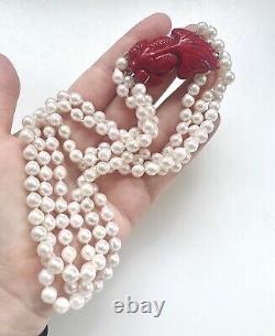 Vintage Triple Strand Akoya Baroque Saltwater Pearl Necklace Coral Fish Clasp