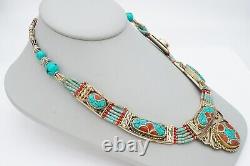 Vintage Turquoise Coral Bead Necklace Silver Tone 18