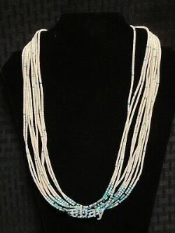 Vintage Turquoise Sterling Coral Cone 10 Strand Beaded Necklace Stunning