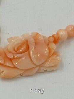 Vintage Undyed Angel Skin Coral Carved Rose Pendant Necklacewith Coral Beads