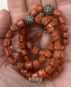 Vintage Victorian Natural Salmon Red Coral Beaded Sterling Silver Necklace 37.5