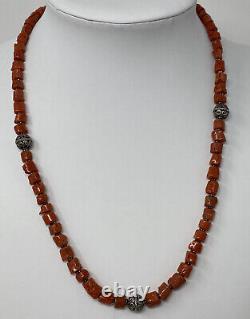 Vintage Victorian Natural Salmon Red Coral Beaded Sterling Silver Necklace 37.5