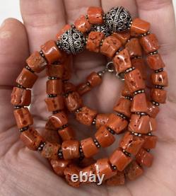 Vintage Victorian Salmon Red Old Coral Beaded Sterling Silver Bead Necklace 38 g