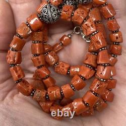 Vintage Victorian Salmon Red Old Coral Beaded Sterling Silver Bead Necklace 38 g