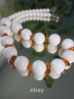 Vintage White Coral & Amber Bead 925 Sterling Silver Necklace