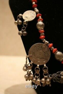 Vintage Yemenite Tibetan silver Necklace coral Beads Tribal Saudi coins