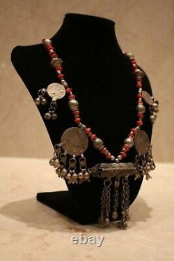 Vintage Yemenite Tibetan silver Necklace coral Beads Tribal Saudi coins