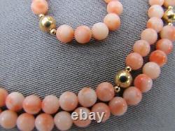 Vintage angel skin coral and 14k gold bead long necklace
