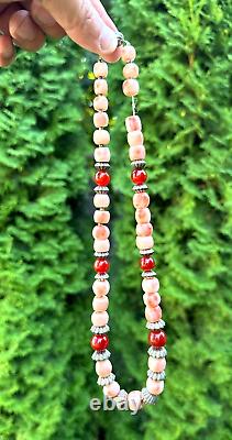 Vintage coral necklace silver 800 beads pink coral ball carnelian 93gr
