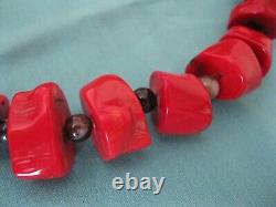 Vintage dark red chunky Coral Necklace with Glass Beads 50cm long, polished 250g
