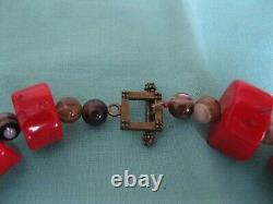 Vintage dark red chunky Coral Necklace with Glass Beads 50cm long, polished 250g