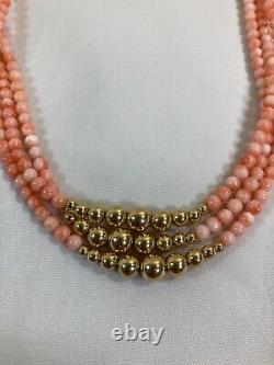 Vintage estate pink coral beaded necklace with 14k gold accents
