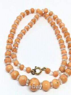 Vintage genuine CORAL & crystals necklace salmon colour old restrung