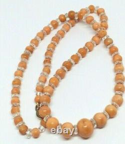 Vintage genuine CORAL & crystals necklace salmon colour old restrung