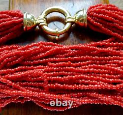 Vintage multi strand CORAL bead statement collar necklace gold tone clasp -SY83
