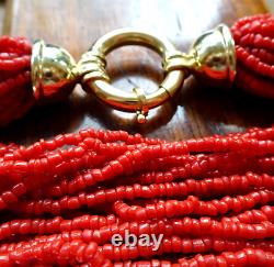Vintage multi strand CORAL bead statement collar necklace gold tone clasp -SY83