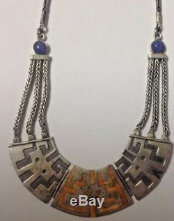 Vintage style STERLING NECKLACE AZTEC/ MAYAN MOTIF SODALITE BEADS CORAL INLAY