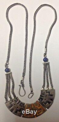 Vintage style STERLING NECKLACE AZTEC/ MAYAN MOTIF SODALITE BEADS CORAL INLAY