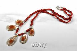 Vtg 18 Sterling Silver 925 Red Coral & Natural Blister Pearl Beaded Necklace