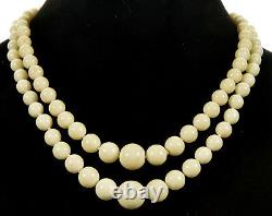 Vtg 20's 2-strand Angel Skin Coral Bead Necklace 83 G, Sterling Clasp
