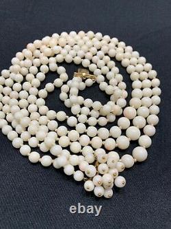 Vtg 60s 3 Strand Angel Skin Coral Bead Necklace Lg 14k Cluster Clasp 114 Gr 24A