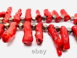 Vtg 925 Bamboo Coral & Metal Spacers Beaded Necklace Chunky Statement