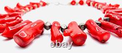 Vtg 925 Bamboo Coral & Metal Spacers Beaded Necklace Chunky Statement