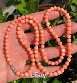 Vtg Chinese Carved Angel Skin Pink Salmon Coral 6mm Ball Bead Necklace 24