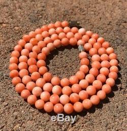 Vtg Chinese Carved Angel Skin Pink Salmon Coral 6mm Ball Bead Necklace 24