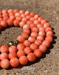 Vtg Chinese Carved Angel Skin Pink Salmon Coral 6mm Ball Bead Necklace 24.5