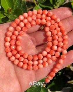 Vtg Chinese Carved Angel Skin Pink Salmon Coral 6mm Ball Bead Necklace 24.5