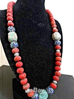 Vtg Chinese Coral Turquoise Cloisonne Silver Big Beads Long Necklace