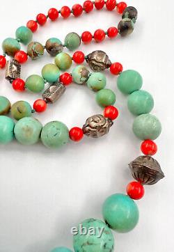 Vtg Chinese Export Silver Turquoise & Coral 7-20mm Beaded Graduated Necklace 30