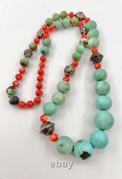 Vtg Chinese Export Silver Turquoise & Coral 7-20mm Beaded Graduated Necklace 30