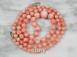 Vtg Chinese Natural Pink Angel Skin Coral Beaded Necklace 14k Gold Clasp 22 3/4
